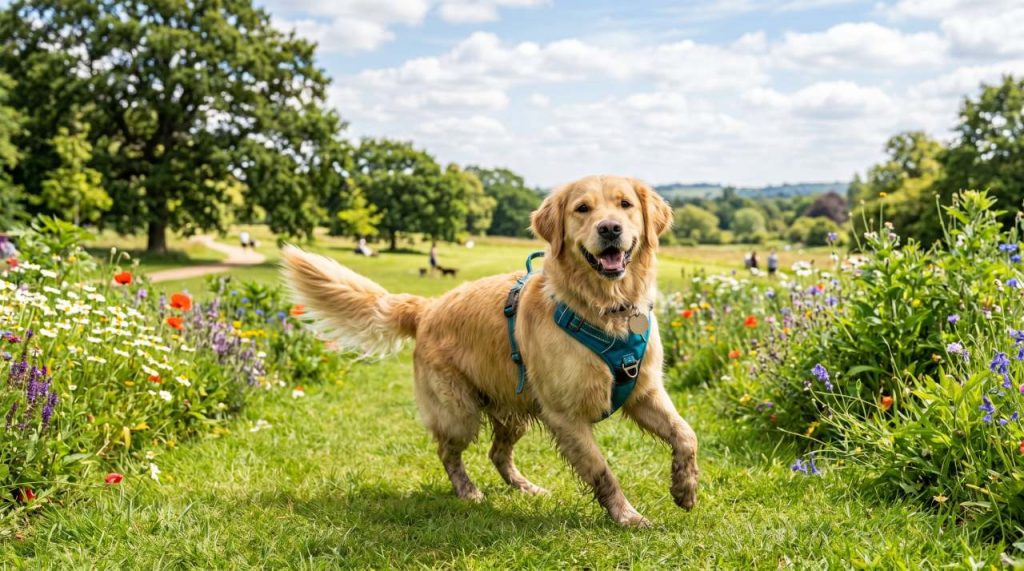 Chien avec harnais au parc