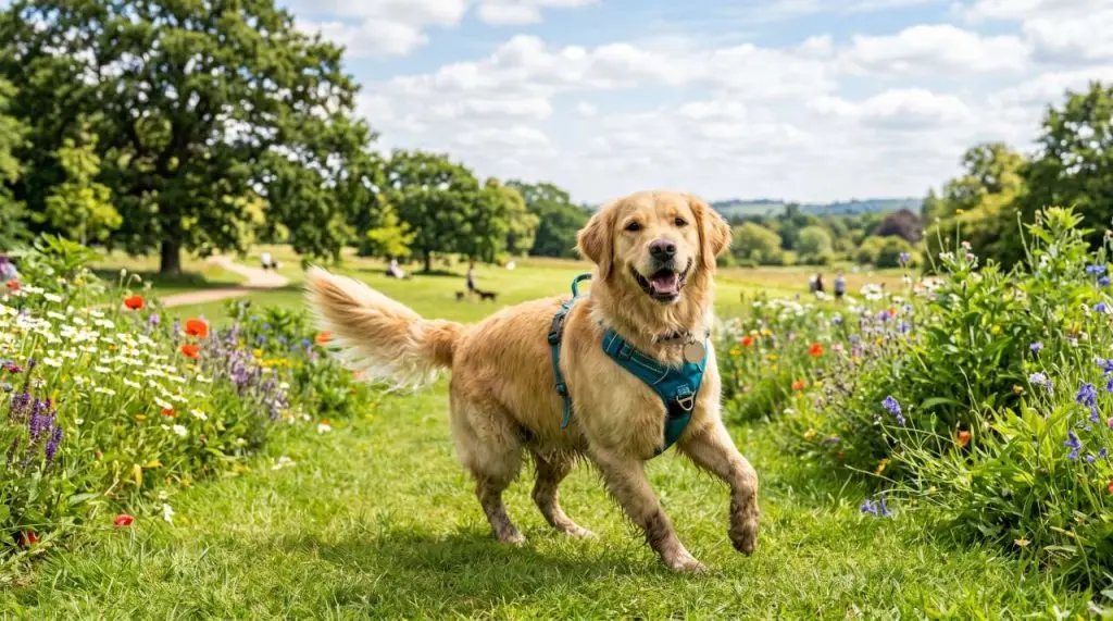 Chien avec harnais au parc