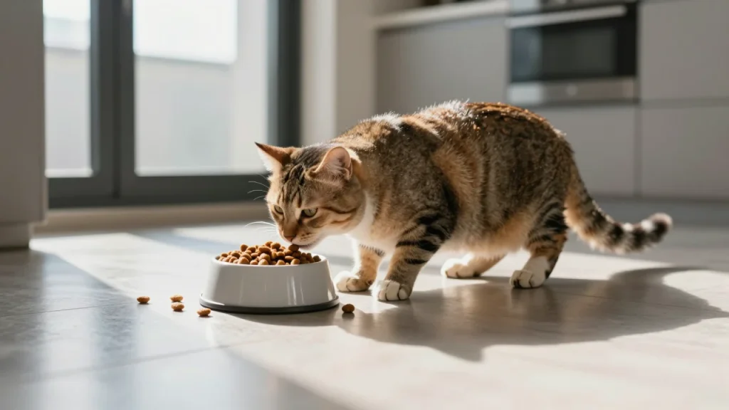 Chat mange croquettes dans cuisine
