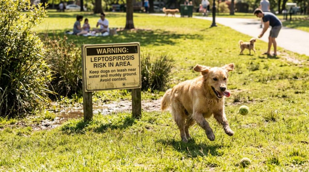 Chien dans parc avec panneau leptospirose