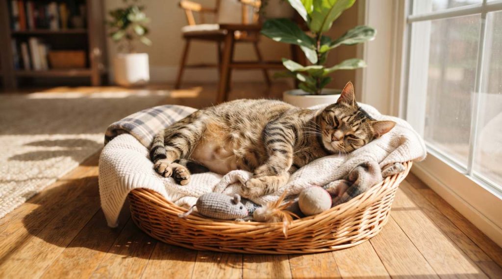 Chat enceinte dans un panier