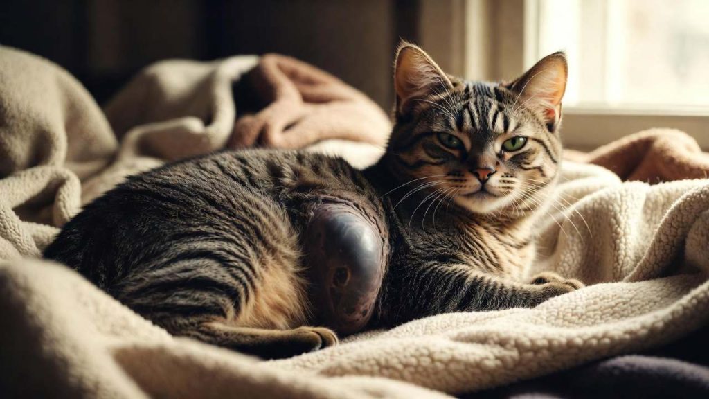 Chat avec tumeur sur le ventre